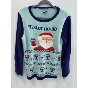 Northern Pole Merlot Ho Ho Ho Santa Ugly Christmas Sweater Blue Red Women's L